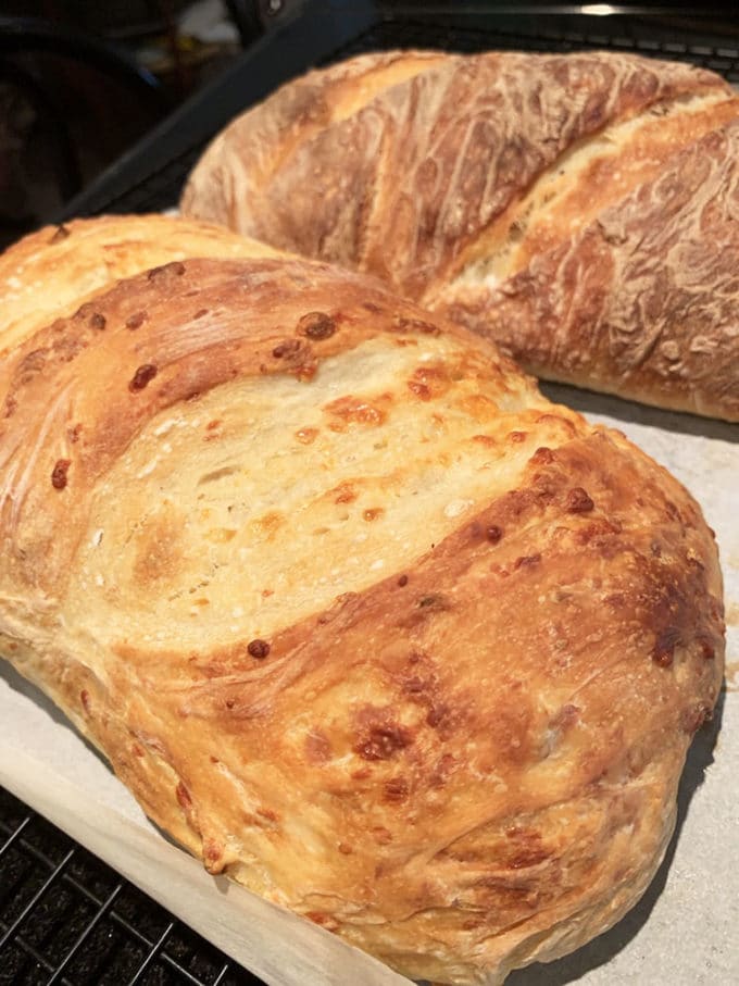 Two loaves of homemade bread.