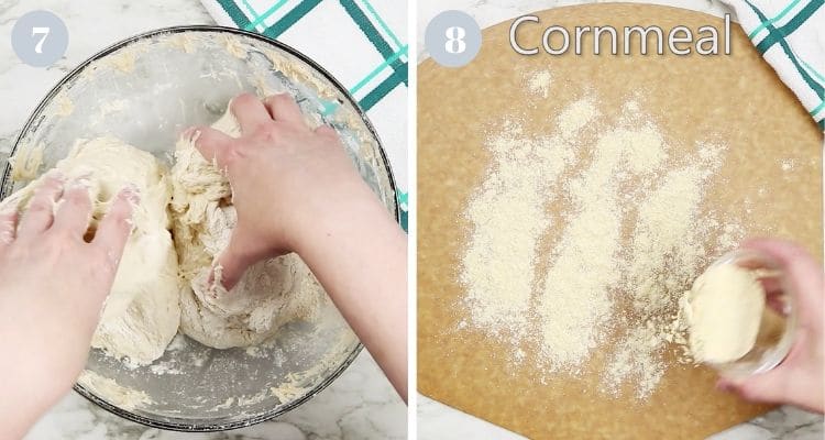 Dividing wet bread dough and spreading cornmeal on a cutting pizza peel.