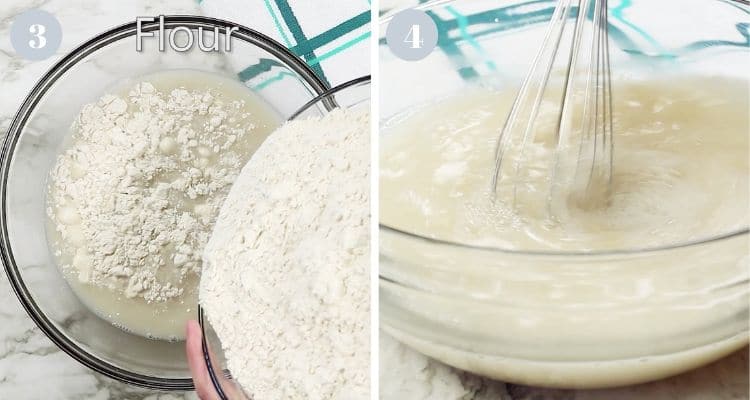Mixing bowl of flour and whisking flour with water.