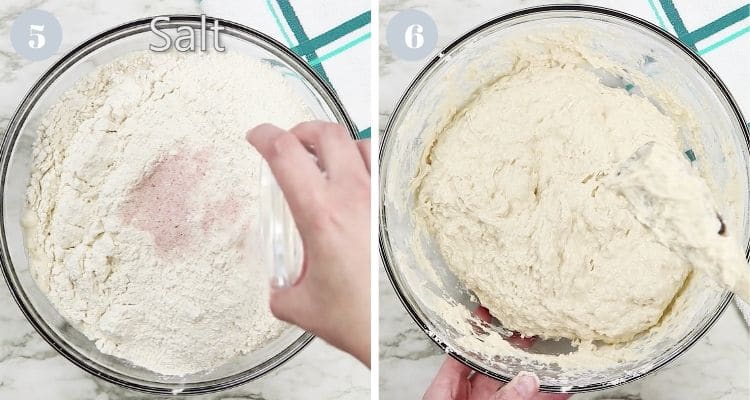 Adding salt and stirring bread dough